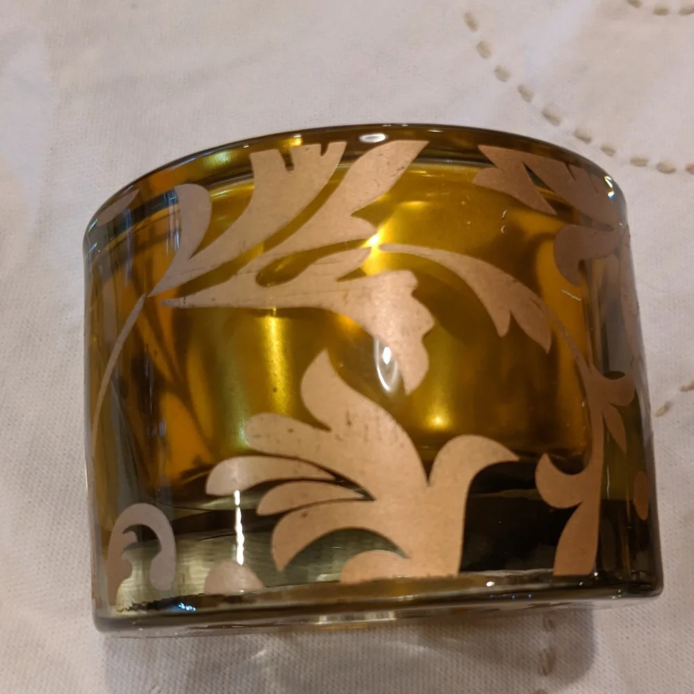 Candle Tealight Holder Set Zodax Gold Amber Floral Vines Round Heavy Glass